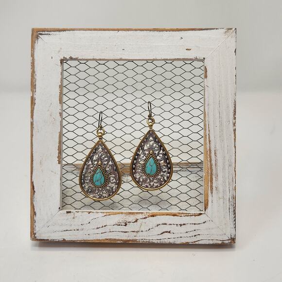 Lucky Brand Two Tone Faux Turquoise Teardrop Drop Hook Earrings Boho Western - Picture 1 of 5